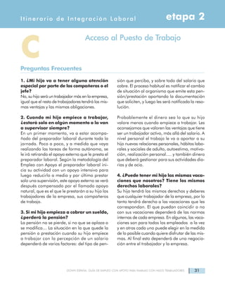 31DOWN ESPAÑA. GUÍA DE EMPLEO CON APOYO PARA FAMILIAS CON HIJOS TRABAJADORES
Acceso al Puesto de Trabajo
1. ¿Mi hijo va a tener alguna atención
especial por parte de los compañeros o el
jefe?
No, su hijo será un trabajador más en la empresa,
igual que el resto de trabajadores tendrá las mis-
mas ventajas y las mismas obligaciones.
2. Cuando mi hijo empiece a trabajar,
¿estará solo en algún momento o la van
a supervisar siempre?
En un primer momento, va a estar acompa-
ñado del preparador laboral durante toda la
jornada. Poco a poco, y a medida que vaya
realizando las tareas de forma autónoma, se
le irá retirando el apoyo externo que le presta el
preparador laboral. Según la metodología del
Empleo con Apoyo el preparador laboral ini-
cia su actividad con un apoyo intensivo para
luego reducirlo a medio y por último prestar
solo una supervisión, este apoyo externo se verá
después compensado por el llamado apoyo
natural, que es el que le prestarán a su hijo los
trabajadores de la empresa, sus compañeros
de trabajo.
3. Si mi hijo empieza a cobrar un sueldo,
¿perderá la pensión?
La pensión no se pierde, si no que se aplaza o
se modifica… La situación en la que quede la
pensión o prestación cuando su hijo empiece
a trabajar con la percepción de un salario
dependerá de varios factores: del tipo de pen-
sión que perciba, y sobre todo del salario que
cobre. El proceso habitual es notificar el cambio
de situación al organismo que emite esta pen-
sión/prestación aportando la documentación
que soliciten, y luego les será notificada la reso-
lución.
Probablemente el dinero sea lo que su hijo
valore menos cuando empiece a trabajar. Les
aconsejamos que valoren las ventajas que tiene
ser un trabajador activo, más allá del salario. A
nivel personal el trabajo le va a aportar a su
hijo nuevas relaciones personales, hábitos labo-
rales y sociales de adulto, autoestima, motiva-
ción, realización personal…. y también dinero
que deberá gestionar para sus actividades dia-
rias y de ocio.
4. ¿Puede tener mi hijo las mismas vaca-
ciones que nosotros? Tiene los mismos
derechos laborales?
Su hijo tendrá los mismos derechos y deberes
que cualquier trabajador de la empresa, por lo
tanto tendrá derecho a las vacaciones que les
correspondan. El que puedan coincidir o no
con sus vacaciones dependerá de las normas
internas de cada empresa. En algunas, las vaca-
ciones son para todos los empleados a la vez
y en otras cada uno puede elegir en la medida
de lo posible cuando quiere disfrutar de las mis-
mas. Al final esto dependerá de una negocia-
ción entre el trabajador y la empresa.
etapa 2Itinerario de Integración Laboral
CPreguntas Frecuentes
 