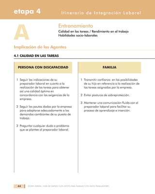 44 DOWN ESPAÑA. GUÍA DE EMPLEO CON APOYO PARA FAMILIAS CON HIJOS TRABAJADORES
Itinerario de Integración Laboraletapa 4
Entrenamiento
Calidad en las tareas / Rendimiento en el trabajo
Habilidades socio-laborales
AImplicación de los Agentes
4.1 CALIDAD EN LAS TAREAS
PERSONA CON DISCAPACIDAD
1 Seguir las indicaciones de su
preparador laboral en cuanto a la
realización de las tareas para obtener
así una calidad óptima en
concordancia con las exigencias de la
empresa.
2 Seguir las pautas dadas por la empresa
para adaptarse adecuadamente a las
demandas cambiantes de su puesto de
trabajo.
3 Preguntar cualquier duda o problema
que se plantee al preparador laboral.
FAMILIA
1 Transmitir confianza en las posibilidades
de su hijo en referencia a la realización de
las tareas asignadas por la empresa.
2 Evitar posturas de sobreprotección.
3 Mantener una comunicación fluida con el
preparador laboral para facilitar su
proceso de aprendizaje e inserción.
 