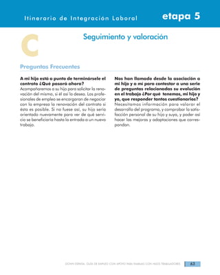 63DOWN ESPAÑA. GUÍA DE EMPLEO CON APOYO PARA FAMILIAS CON HIJOS TRABAJADORES
Itinerarios de Integración Laboral etapa 4Itinerario de Integración Laboral etapa 5
A mi hijo está a punto de terminársele el
contrato ¿Qué pasará ahora?
Acompañaremos a su hijo para solicitar la reno-
vación del mismo, si él así lo desea. Los profe-
sionales de empleo se encargaran de negociar
con la empresa la renovación del contrato si
ésta es posible. Si no fuese así, su hijo sería
orientado nuevamente para ver de qué servi-
cio se beneficiaría hasta la entrada a un nuevo
trabajo.
Nos han llamado desde la asociación a
mi hijo y a mí para contestar a una serie
de preguntas relacionadas su evolución
en el trabajo ¿Por qué tenemos, mi hijo y
yo, que responder tantos cuestionarios?
Necesitamos información para valorar el
desarrollo del programa, y comprobar la satis-
facción personal de su hijo y suya, y poder así
hacer las mejoras y adaptaciones que corres-
pondan.
CPreguntas Frecuentes
Seguimiento y valoración
 