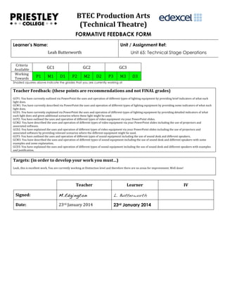  
BTEC	
  Production	
  Arts	
  
(Technical	
  Theatre)	
  
FORMATIVE FEEDBACK FORM
Learner’s Name:

Unit / Assignment Ref:
Leah	
  Butterworth	
  

Criteria	
  
Available	
  
Working	
  
Towards	
  

GC1	
  
P1	
  

M1	
  

Unit 65: Technical Stage Operations
GC2	
  

D1	
  

P2	
  

M2	
  

GC3	
  
D2	
  

P3	
  

M3	
  

D3	
  

Shaded squares above indicate the grades that you are currently working at

Teacher	
  Feedback:	
  (these	
  points	
  are	
  recommendations	
  and	
  not	
  FINAL	
  grades)	
  
	
  
GCP1:	
  You	
  have	
  currently	
  outlined	
  via	
  PowerPoint	
  the	
  uses	
  and	
  operation	
  of	
  different	
  types	
  of	
  lighting	
  equipment	
  by	
  providing	
  brief	
  indicators	
  of	
  what	
  each	
  
light	
  does.	
  
GCM1:	
  You	
  have	
  currently	
  described	
  via	
  PowerPoint	
  the	
  uses	
  and	
  operation	
  of	
  different	
  types	
  of	
  lighting	
  equipment	
  by	
  providing	
  some	
  indicators	
  of	
  what	
  each	
  
light	
  does.	
  
GCD1:	
  You	
  have	
  currently	
  explained	
  via	
  PowerPoint	
  the	
  uses	
  and	
  operation	
  of	
  different	
  types	
  of	
  lighting	
  equipment	
  by	
  providing	
  detailed	
  indicators	
  of	
  what	
  
each	
  light	
  does	
  and	
  given	
  additional	
  scenarios	
  where	
  these	
  light	
  might	
  be	
  used.	
  	
  
GCP2:	
  You	
  have	
  outlined	
  the	
  uses	
  and	
  operation	
  of	
  different	
  types	
  of	
  video	
  equipment	
  via	
  your	
  PowerPoint	
  slides.	
  
GCM2:	
  You	
  have	
  described	
  the	
  uses	
  and	
  operation	
  of	
  different	
  types	
  of	
  video	
  equipment	
  via	
  your	
  PowerPoint	
  slides	
  including	
  the	
  use	
  of	
  projectors	
  and	
  
associated	
  software.	
  
GCD2:	
  You	
  have	
  explained	
  the	
  uses	
  and	
  operation	
  of	
  different	
  types	
  of	
  video	
  equipment	
  via	
  your	
  PowerPoint	
  slides	
  including	
  the	
  use	
  of	
  projectors	
  and	
  
associated	
  software	
  by	
  providing	
  relevant	
  scenarios	
  where	
  the	
  different	
  equipment	
  might	
  be	
  used.	
  	
  
GCP3:	
  You	
  have	
  outlined	
  the	
  uses	
  and	
  operation	
  of	
  different	
  types	
  of	
  sound	
  equipment	
  including	
  the	
  use	
  of	
  sound	
  desk	
  and	
  different	
  speakers.	
  
GCM3:	
  You	
  have	
  described	
  the	
  uses	
  and	
  operation	
  of	
  different	
  types	
  of	
  sound	
  equipment	
  including	
  the	
  use	
  of	
  sound	
  desk	
  and	
  different	
  speakers	
  with	
  some	
  
examples	
  and	
  some	
  explanation.	
  
GCD3:	
  You	
  have	
  explained	
  the	
  uses	
  and	
  operation	
  of	
  different	
  types	
  of	
  sound	
  equipment	
  including	
  the	
  use	
  of	
  sound	
  desk	
  and	
  different	
  speakers	
  with	
  examples	
  
and	
  justification.	
  

Targets:	
  (in	
  order	
  to	
  develop	
  your	
  work	
  you	
  must…)	
  
	
  
Leah,	
  this	
  is	
  excellent	
  work.	
  You	
  are	
  currently	
  working	
  at	
  Distinction	
  level	
  and	
  therefore	
  there	
  are	
  no	
  areas	
  for	
  improvement.	
  Well	
  done!

Teacher	
  

Learner	
  

Signed:	
  

M.Edgington

L. Butterworth

Date:	
  

23rd	
  January	
  2014	
  

23rd January 2014
	
  

IV	
  
	
  

 