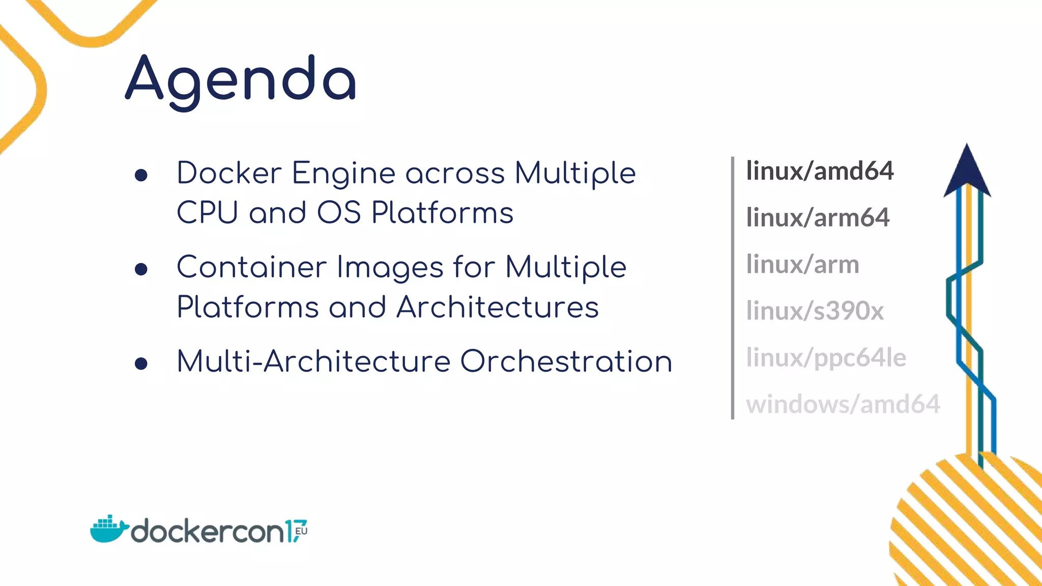 Agenda
● Docker Engine across Multiple
CPU and OS Platforms
● Container Images for Multiple
Platforms and Architectures
● Multi-Architecture Orchestration
linux/amd64
linux/arm64
linux/arm
linux/s390x
linux/ppc64le
windows/amd64
 