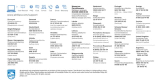 All registered and unregistered trademarks are property of their respective owners. Specifications are subject to change without notice.
Philips and the Philips’ shield emblem are trademarks of Koninklijke Philips N.V. and are used under license from Koninklijke Philips N.V.
2014 © TP Vision Europe B.V. All rights reserved.
philips.com
www.philips.com/support
User Manual ChatFAQ Forum Call Email Warranty
България
Грижа за клиента
02 4916 273
(Ηационапен номер)
België/Belgique
Klantenservice/
Service Consommateurs
02 700 72 62
(0.15€/min.)
Bosna i Hercegovina
Potpora potrošačima
033 941 251
(Lokalni poziv)
Republika Srbija
Potpora potrošačima
011 321 6840
(Lokalni poziv)
Česká republika
Zákaznická podpora
228 880 895
(Mistni tarif)
Danmark
Kundeservice
3525 8314
Deutschland
Kundendienst
069 66 80 10 10
(Zum Festnetztarif ihres
Anbieters)
Ελλάδα
Τμήμα καταναλωτών
2111983028
(Διεθνής κλήση)
Eesti
Klienditugi
668 30 61
(Kohalikud kõned)
España
Atencíon al consumidor
913 496 582
(0,10€ + 0,08€/min.)
France
Service Consommateurs
01 57 32 40 50
(coût d’un appel local sauf
surcoûtéventuel selon
opérateur réseau)
Hrvatska
Potpora potrošačima
01 777 66 01
(Lokalni poziv)
Ireland
Consumer Care
0150 284 21 40
(National Call)
Italia
Servizio Consumatori
02 452 870 14
(Chiamata nazionale)
Қазақстан
Республикасы
байланыс орталығы
810 800 2000 00 04
(стационарлық нөмірлерден  
ҚазақстанРеспубликасы
бойынша қоңырау шалу тегін)
Latvija
Klientu atbalsts
6616 32 63
(Vietĕiais tarifs)
Lietuva
Klientų palaikymo
tarnyba
8 521 402 93
(Vietinais tarifais)
Luxembourg
Service Consommateurs
2487 11 00
(Appel national)/(Nationale
Ruf)
Magyarország
Ügyfélszolgálat
(061) 700 81 51
(Belföldi hívás)
Nederland
Klantenservice
0900 202 08 71
(0,10€/min.)
Norge
Forbrukerstøtte
22 97 19 14
Österreich
Kundendienst
0150 284 21 40
(0,145€/Min.)
Республика Беларусь
Контакт Центр
8 10 (800) 2000 00 04
(бесплатный звонок по
РеспубликеБеларусь со
стационарных номеров)
Российская Федерация
Контакт Центр
8 (800) 220 00 04
(бесплатный звонок по
России)
Polska
Wsparcie Klienta
22 397 15 04
(Połączenie lokalne)
Portugal
Assistência a clientes
800 780 068
(0,12€/min. – Móvel 0,30€/
min.)
România
Serviciul Clienţi
031 630 00 42
(Tarif local)
Schweiz/Suisse/
Svizzera
Kundendienst/Service
Consommateurs/
Servizio Consumatori
0848 000 291
(0,081 CHF/Min)
Slovenija
Skrb za potrošnike
01 88 88 312
(Lokalni klic)
Slovensko
Zákaznícka podpora
02 332 154 93
(vnútroštátny hovor)
Suomi
Finland Kuluttajapalvelu
09 88 62 50 40
Sverige
Kundtjänst
08 57 92 90 96
Türkiye
Tüketici Hizmetleri
0 850 222 44 66
Україна
Служба підтримки
споживачів
0-800-500-480
(дзвінки зі
стаціонарнихтелефонів
безкоштовні)
United Kingdom
Consumer Care
020 79 49 03 19
(5p/min BT landline)
Argentina
Consumer Care
0800 444 77 49
- Buenos Aires
0810 44 7782
Brasil
Suporte ao Consumidor
0800 701 02 45
- São Paulo
29 38 02 45
 