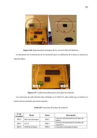 109
Figura 4.26 Representación interruptor de tres vías de la Placa de Medición
La denotación de la numeración de las terminales para la codificación de la placa se muestra en
siguiente figura.
Figura 4.27 Codificación alfanumérica de la placa de medición
Las conexiones de cada terminal están enlistadas en la Tabla 4.8, cabe resaltar que se tomaron en
cuenta solo los terminales que tienen conexión.
Tabla 4.8 Conexiones de la placa de medición
N° De
Terminal
Desde Hasta Descripción
MD 2 Base del interruptor MD 2
Línea de retroalimentación de datos de
bobina
MD 3 AT 21 MD 3
Línea de retroalimentación de datos de
1nyector 4
MD 4 GND de la fuente MD 4 Conexión a tierra para la placa
 