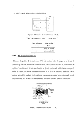 18
El sensor TPS está conectado de la siguiente manera.
Figura 2.12 Conexión eléctrica del sensor TPS [3]
Tabla 2.3 Conexión del sensor TPS de la Figura 2.12
Pines del sensor Descripción
1 Masa
2 Señal del sensor
3 Alimentación 5V
2.5.2.3 Principio de funcionamiento
El sensor de posición de la mariposa o TPS, está montado sobre el cuerpo de la válvula de
aceleración, y convierte el ángulo de la válvula en una señal eléctrica mediante un potenciómetro de
precisión. A medida que la válvula de aceleración se abre, la tensión de la señal eléctrica aumenta. El
módulo de control utiliza esta señal para determinar si el motor se encuentra en ralentí, con la
mariposa en posición media o con la mariposa totalmente abierta; para la corrección de la mezcla
aire/combustible, para la corrección del incremento de potencia y para el corte de combustible.
Figura 2.13 Descripción del sensor TPS [3]
 