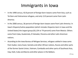 Immigrants in Iowa
•

In the 1990 census, 42.8 percent of foreign-born Iowans came from Asia, such as
Tai Dam and Vietnamese refugees, and only 13.9 percent came from Latin
America.

•

In the 2000 census, 36 percent of foreign-born Iowans were from Latin America. In
Iowa’s Hispanic/Latino population (which includes Hispanics born in Iowa and the
United States) the largest group (61,154 or 74 percent) came from Mexico. Others

came from Cuba, Guatemala, El Salvador, Panama and other Latin American
nations.
•

According to the Iowa Bureau of Refugee Services, refugees settled in Iowa came
from Sudan, Ivory Coast, Somalia and other African nations, Russia and other parts
of the former Soviet Union, Vietnam, Cambodia and other parts of Southeast Asia,
Iraq, Haiti, Cuba and Bosnia and other places in the Balkans.
-IPTV.org

 