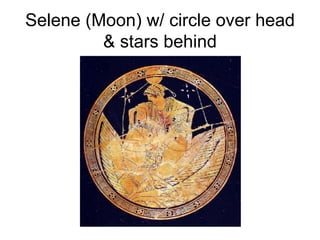 Selene (Moon) w/ circle over head & stars behind 