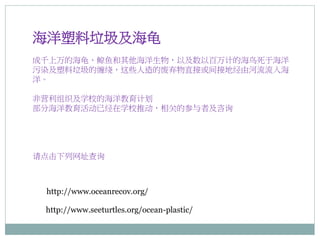 海洋塑料垃圾及海龟
成千上万的海龟、鲸鱼和其他海洋生物，以及数以百万计的海鸟死于海洋
污染及塑料垃圾的缠绕，这些人造的废弃物直接或间接地经由河流流入海
洋。
非营利组织及学校的海洋教育计划
部分海洋教育活动已经在学校推动，相关的参与者及咨询
请点击下列网址查询
http://www.seeturtles.org/ocean-plastic/
http://www.oceanrecov.org/
 