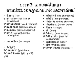 บรรพ3: เอกเทศสัญญา
ตามประมวลกฎหมายแพ่งและพาณิชย์
• ซื้อขาย (sale)
ขายตามคาพรรณา (sale by
description)
ขายตามตัวอย่าง (sale by sample)
ขายทอดตลาด (sale by auction)
ขายเผื่อชอบ (sale on approval)
ขายฝาก (sale with right of
redemption)
• แลกเปลี่ยน (exchange)
• ให ้(gift)
ให ้โดยเสน่หา (gratuitous
ให ้โดยพินัยกรรม (gift by will)
gift)
• เช่าทรัพย์ (hire of property)
• เช่าซื้อ (hire-purchase)
• จ ้างแรงงาน (hire of service)
• จ ้างทาของ (hire of work)
• รับขน (carriage)
• ยืม (loan)
ยืมใช ้คงรูป (loan for use)
ยืมใช ้สิ้นเปลือง (loan for
consumption)
• กู้ยืม (loan of money)
• ฝากทรัพย์ (deposit)
เจ ้าสานักโรงแรม (innkeeper)
 