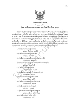 ๑๔๐
คำสั่งโรงเรียนบ้านสันติสุข
ที่ ๑๓ / ๒๕๖๖
เรื่อง แต่งตั้งคณะกรรมการกลุ่มสาระการเรียนรู้ ปีการศึกษา ๒๕๖๖
.............................................................
เพื่อให้การบริหารหลักสูตรและงานวิชาการของสถานศึกษาเป็นไปอย่างมีประสิทธิภาพ
สอดคล้องกับพระราชบัญญัติการศึกษาแห่งชาติ พ.ศ. 2542 และที่แก้ไขเพิ่มเติม พ.ศ. 2545 หมวด
4 มาตรา 27 ที่กำหนดให้สถานศึกษาขั้นพื้นฐานมีหน้าที่จัดทำสาระของหลักสูตร และอาศัยอำนาจ
ตามมาตรา 25 แห่งพระราชบัญญัติปรับปรุงทบวง กรม พ.ศ. 2534 กระทรวงศึกษาธิการ
ระเบียบข้อ 9 ให้มีคณะกรรมการระดับกลุ่มสาระเพื่อกำหนดแนวทางในการพัฒนาหลักสูตร
สถานศึกษาในแต่ละกลุ่มสาระให้มีประสิทธิภาพ เพื่อให้การดำเนินงานเป็นไปด้วยความเรียบร้อย และ
มีประสิทธิภาพ จึงแต่งตั้งบุคคลต่อไปนี้ ปฏิบัติหน้าที่หัวหน้ากลุ่มสาระการเรียนรู้ ดังนี้
1. หัวหน้าสาระการเรียนรู้ภาษาไทย
นางสาววลัยลักษณ์ พลพิชัย
2. หัวหน้าสาระการเรียนรู้คณิตศาสตร์
นางสุนิษา เดชารัตน์
3. หัวหน้าสาระการเรียนรู้วิทยาศาสตร์และเทคโนโลยี
นางสาวจิรัฐิติ ช่วยคง
4. หัวหน้าสาระการเรียนรู้สังคมศึกษา ศาสนาและวัฒนธรรม
นางอรษา บุญยะโพธิ์
5. หัวหน้าสาระการเรียนรู้ศิลปะ
นางสาวชนัญญา พลภักดี
6. หัวหน้าสาระการเรียนรู้สุขศึกษาและพลศึกษา
นายสุดเขตร โคตรก่ำ
7. หัวหน้าสาระการเรียนรู้การงานอาชีพ
นางสาวศินีนาถ แซ่ตั้ง
8. หัวหน้าสาระการเรียนรู้ภาษาต่างประเทศ
นางสาวสาธิยา ไทยเกิด
9. หัวหน้างานหลักสูตรระดับปฐมวัย
นางวาสนา ชุมทอง
๑๐. ผู้ช่วยหัวหน้างานหลักสูตรระดับปฐมวัย
นางสาวทัศธิริญา แก้วนาเคียน
๑๑. หัวหน้างานกิจกรรมอิสลามศึกษา
นางสาวอัมวิกา วันดี
 