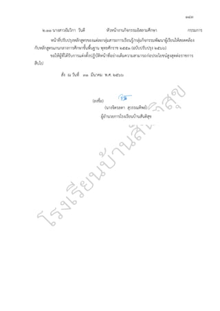 ๑๔๓
๒.๑๑ นางสาวอัมวิกา วันดี หัวหน้างานกิจกรรมอิสลามศึกษา กรรมการ
หน้าที่ปรับปรุงหลักสูตรของแต่ละกลุ่มสาระการเรียนรู้/กลุ่มกิจกรรมพัฒนาผู้เรียนให้สอดคล้อง
กับหลักสูตรแกนกลางการศึกษาขั้นพื้นฐาน พุทธศักราช 2551 (ฉบับปรับปรุง 256๖)
ขอให้ผู้ที่ได้รับการแต่งตั้งปฏิบัติหน้าที่อย่างเต็มความสามารถก่อประโยชน์สูงสุดต่อราชการ
สืบไป
สั่ง ณ วันที่ ๓๑ มีนาคม พ.ศ. 256๖
(ลงชื่อ)
(นางจิตรลดา สุวรรณทิพย์)
ผู้อำนวยการโรงเรียนบ้านสันติสุข
 