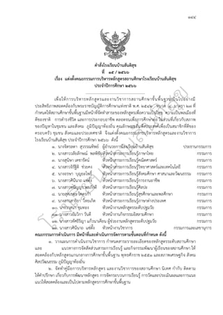 ๑๔๔
คำสั่งโรงเรียนบ้านสันติสุข
ที่ ๑๕ / ๒๕๖๖
เรื่อง แต่งตั้งคณะกรรมการบริหารหลักสูตรสถานศึกษาโรงเรียนบ้านสันติสุข
ประจำปีการศึกษา ๒๕๖๖
.............................................................
เพื่อให้การบริหารหลักสูตรและงานวิชาการสถานศึกษาขั้นพื้นฐานเป็นไปอย่างมี
ประสิทธิภาพสอดคล้องกับพระราชบัญญัติการศึกษาแห่งชาติ พ.ศ. ๒๕๔๒ หมวด ๔ มาตรา ๒๗ ที่
กำหนดให้สถานศึกษาขั้นพื้นฐานมีหน้าที่จัดทำสาระของหลักสูตรเพื่อความเป็นไทย ความเป็นพลเมืองที่
ดีของชาติ การดำรงชีวิต และการประกอบอาชีพ ตลอดจนเพื่อการศึกษาต่อ ในส่วนที่เกี่ยวกับสภาพ
ของปัญหาในชุมชน และสังคม ภูมิปัญญาท้องถิ่น คุณลักษณะอันพึงประสงค์เพื่อเป็นสมาชิกที่ดีของ
ครอบครัว ชุมชน สังคมและประเทศชาติ จึงแต่งตั้งคณะกรรมการบริหารหลักสูตรและงานวิชาการ
โรงเรียนบ้านสันติสุข ประจำปีการศึกษา ๒๕๖๖ ดังนี้
๑. นางจิตรลดา สุวรรณทิพย์ ผู้อำนวยการโรงเรียนบ้านสันติสุข ประธานกรรมการ
๒. นางสาววลัยลักษณ์ พลพิชัยหัวหน้าสาระการเรียนรู้ภาษาไทย กรรมการ
๓. นางสุนิษา เดชารัตน์ หัวหน้าสาระการเรียนรู้คณิตศาสตร์ กรรมการ
๔. นางสาวจิรัฐิติ ช่วยคง หัวหน้าสาระการเรียนรู้วิทยาศาสตร์และเทคโนโลยี กรรมการ
๕. นางอรษา บุญยะโพธิ์ หัวหน้าสาระการเรียนรู้สังคมศึกษา ศาสนาและวัฒนธรรม กรรมการ
๖. นางสาวศินีนาถ แซ่ตั้ง หัวหน้าสาระการเรียนรู้การงานอาชีพ กรรมการ
๗. นางสาวชนัญญา พลภักดี หัวหน้าสาระการเรียนรู้ศิลปะ กรรมการ
๘. นายสุดเขตร โคตรก่ำ หัวหน้าสาระการเรียนรู้สุขศึกษาและพลศึกษา กรรมการ
๙. นางสาวสาธิยา ไทยเกิด หัวหน้าสาระการเรียนรู้ภาษาต่างประเทศ กรรมการ
๑๐. นางวาสนา ชุมทอง หัวหน้างานหลักสูตรระดับปฐมวัย กรรมการ
๑๑. นางสาวอัมวิกา วันดี หัวหน้างานกิจกรรมอิสลามศึกษา กรรมการ
๑๒. นางสาวทัศธิริญา แก้วนาเคียน ผู้ช่วยงานหลักสูตรระดับปฐมวัย กรรมการ
๑๓. นางสาวศินีนาถ แซ่ตั้ง หัวหน้างานวิชาการ กรรมการและเลขานุการ
คณะกรรมการดำเนินการ มีหน้าที่และดำเนินการจัดการตามขั้นตอนที่กำหนด ดังนี้
๑. วางแผนการดำเนินงานวิชาการ กำหนดสาระรายละเอียดของหลักสูตรระดับสถานศึกษา
และ แนวทางการจัดสัดส่วนสาระการเรียนรู้ และกิจกรรมพัฒนาผู้เรียนของสถานศึกษา ให้
สอดคล้องกับหลักสูตรแกนกลางการศึกษาขั้นพื้นฐาน พุทธศักราช ๒๕๕๑ และสภาพเศรษฐกิจ สังคม
ศิลปวัฒนธรรม ภูมิปัญญาท้องถิ่น
๒. จัดทำคู่มือการบริหารหลักสูตร และงานวิชาการของสถานศึกษา นิเทศ กำกับ ติดตาม
ให้คำปรึกษา เกี่ยวกับการพัฒนาหลักสูตร การจัดกระบวนการเรียนรู้ การวัดและประเมินผลและการแนะ
แนวให้สอดคล้องและเป็นไปตามหลักสูตรการศึกษาขั้นพื้นฐาน
 