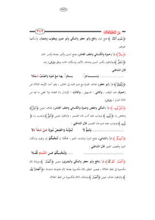 ٖٜٗ
233
233
233
233
‫ﰸ‬‫ﱔ‬
‫ﮋ‬‫ﭧ‬ ‫ﭦ‬‫ﮊ‬‫الياء‬ ‫فتح‬(‫وشعب‬ ‫ويعقوب‬ ‫عمرو‬ ‫وأبو‬ ‫والمكي‬ ‫جعفر‬ ‫وأبو‬ ‫نافع‬)،‫أسكنها‬‫و‬
‫غي‬‫ـ‬.‫رىم‬
‫ﮋ‬‫ﭯ‬‫ﮊ‬‫أ‬‫ر‬‫ق‬(‫والكسائي‬ ‫حمزة‬‫وخلف‬‫العاشر‬)‫احلاء‬ ‫كسر‬‫و‬ ‫بعدىا‬ ‫ألف‬‫و‬ ‫السني‬ ‫بفتح‬
‫ﮋ‬‫ﭛ‬‫ﮊ‬‫،و‬‫ورقق‬ ،‫احلاء‬ ‫وإسكان‬ ‫األلف‬ ‫وحذف‬ ‫السني‬ ‫بكسر‬ ‫الباقون‬(‫ورش‬).‫اءه‬‫ر‬
‫الشاطبي‬ ‫قال‬
......................َُُ‫ر‬ِ‫ااح‬‫ا‬‫ا‬‫ا‬‫ا‬‫ا‬‫ا‬‫ا‬‫ا‬‫ا‬‫ا‬‫ا‬‫ا‬‫ا‬‫ا‬‫ا‬‫ا‬‫ا‬‫ا‬‫ا‬‫ا‬‫ا‬‫ا‬‫ا‬‫ا‬‫ا‬َََ‫و‬َُُ‫ر‬ْ‫اح‬‫ا‬‫ا‬ِ‫س‬ِ‫ب‬ِّ‫اف‬‫ا‬‫ا‬َّ‫الص‬َ‫و‬ َِ‫او‬‫ا‬‫ا‬ُُ ْ‫اع‬‫ا‬‫ا‬َ‫م‬ َ‫ا‬‫ا‬‫ا‬‫ا‬‫ه‬ِ‫ب‬‫ا‬‫ا‬‫ا‬َ‫ش‬َ َ‫ل‬ْ‫م‬
‫ﮋ‬‫ﮅ‬‫ﮊ‬‫أ‬‫ر‬‫ق‬(‫جعفر‬ ‫أبو‬)‫احلالني‬ ‫يف‬ ‫الفاء‬ ‫ضم‬ ‫مع‬ ‫اذلمزة‬ ‫حبذف‬،‫عن‬ ‫الثالثة‬ ‫األوجو‬ ‫أحد‬ ‫وىو‬
(‫حمز‬‫ة‬)‫الوقف‬ ‫عند‬،‫والراني‬:‫التسهيل‬،‫والرال‬:ً‫ياء‬ ‫اإلبدال‬‫من‬ ‫فيو‬ ‫ما‬ ‫خيفى‬ ‫وال‬ ،‫حمضة‬
‫ل‬ ‫البدل‬ ‫ثالثة‬( ‫ـ‬‫ورش‬).
‫ﮋ‬‫ﮋ‬ ‫ﮊ‬‫ﮊ‬‫أ‬‫ر‬‫ق‬(‫و‬ ‫وحفص‬ ‫المكي‬‫والكسائي‬ ‫حمزة‬‫وخلف‬‫العاشر‬)‫حبذف‬‫تنوين‬‫ﮋ‬‫ﮊ‬‫ﮊ‬
‫اء‬‫ر‬ ‫وخفض‬‫ﮋ‬‫ﮋ‬‫ﮊ‬‫الضمي‬ ‫ىاء‬ ‫كسر‬‫عليو‬ ‫تب‬‫رت‬‫وي‬‫ـ‬‫ر‬،‫بتنوين‬ ‫الباقون‬‫و‬‫ﮋ‬‫ﮊ‬‫ﮊ‬‫اء‬‫ر‬ ‫ونصب‬‫ﮋ‬
‫ﮋ‬‫ﮊ‬‫و‬‫تب‬‫رت‬‫ي‬‫الضمي‬ ‫ىاء‬ ‫ضم‬ ‫عليو‬‫ـ‬.‫ر‬: ‫الشاطبي‬ ‫قال‬
.........................َُ‫م‬ِ‫ت‬ُ‫م‬َ‫و‬َ‫ال‬َُ‫اور‬‫ا‬‫ا‬ُ‫ن‬ ْ‫ار‬‫ا‬‫ا‬ِ‫ف‬ْ‫خ‬‫ا‬َ‫و‬ ُ‫اك‬‫ا‬‫ا‬ْ‫ن‬ِّ‫و‬َ‫ا‬‫ن‬ُ‫ا‬‫ت‬‫ا‬‫ا‬‫ا‬َ‫ع‬ْ‫ن‬‫ا‬‫ا‬‫ا‬َ‫ش‬ً‫ا‬‫ا‬ََِ‫ال‬
‫ﮋ‬‫ﮦ‬‫ﮊ‬‫أ‬‫ر‬‫ق‬(‫الشامي‬)‫اجليم‬ ‫وتشديد‬ ‫النون‬ ‫بفتح‬،‫ىكذا‬(ْ‫م‬ُ‫ك‬‫ي‬ِّ‫ج‬َ‫ن‬ُ‫ا‬‫ت‬)،‫وغي‬‫ـ‬‫بإسكان‬ ‫ره‬
.‫اجليم‬ ‫وختفيف‬ ‫النون‬‫الشاطبي‬ ‫قال‬:
....................................ِ‫ن‬‫ا‬‫ا‬‫ا‬‫ا‬‫ا‬َ‫ع‬ ْ‫م‬ُ‫ك‬‫اي‬‫ا‬‫ا‬‫ا‬‫ا‬ِّ‫ج‬َ‫ن‬ُ‫ا‬‫ت‬َ‫و‬ِ‫اا‬‫ا‬‫ا‬‫ا‬‫ا‬َّ‫الش‬َ ‫ا‬‫ا‬‫ا‬‫ا‬‫ا‬ِّ‫ق‬ُ‫ا‬َ
‫ﮋ‬‫ﰁ‬ ‫ﰀ‬‫ﰂ‬‫ﮊ‬‫أ‬‫ر‬‫ق‬(‫جعفر‬ ‫وأبو‬ ‫نافع‬‫والبصري‬ ‫والمكي‬)‫بتنوين‬‫ﮋ‬‫ﰀ‬‫ﮊ‬‫الم‬ ‫يادة‬‫ز‬‫و‬
‫اجلاللة‬ ‫لفظ‬ ‫يف‬ ‫مكسورة‬،‫فيصي‬‫ـ‬‫مشددة‬ ‫مفتوحة‬ ‫الم‬ ‫بعدىا‬ ‫مكسورة‬ ‫بالم‬ ‫النطق‬ ‫ر‬،‫ﮋ‬َ‫ار‬َ‫ص‬ْ‫ن‬َ‫أ‬ً‫ا‬‫ﮏ‬
‫ﮊ‬‫البا‬‫و‬‫تنوين‬ ‫حبذف‬ ‫قون‬‫ﮋ‬‫ﰀ‬‫ﮊ‬.‫اجلاللة‬ ‫لفظ‬ ‫من‬ ‫ادلكسورة‬ ‫الالم‬ ‫وحذف‬
 