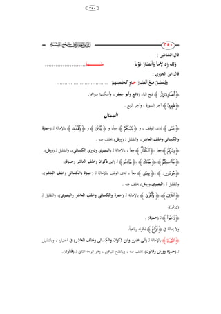68
ٖ٘ٓ
243
243: ‫الشاطبي‬ ‫قال‬
‫م‬َ‫ال‬ ِِ‫ز‬ ‫لك‬ِ‫ل‬َ‫و‬‫ا‬َ‫ص‬ْ‫ن‬َ‫أ‬َ‫و‬ ً‫ا‬‫ا‬َ‫ن‬ َ‫ار‬‫ا‬‫ن‬ِّ‫و‬‫ا‬ً‫ا‬َ‫ا‬‫ام‬‫ا‬‫ا‬‫ا‬‫ا‬‫ا‬‫ا‬‫ا‬‫ا‬‫ا‬‫ا‬‫ا‬‫ا‬‫ا‬‫ا‬‫ا‬‫ا‬‫ا‬‫ا‬‫ا‬‫ا‬‫ا‬‫ا‬‫ا‬‫ا‬ََ.......................
: ‫الجزري‬ ‫ابن‬ ‫قال‬
َ‫اار‬‫ا‬‫ا‬‫ا‬َ‫ص‬ْ‫ن‬َ‫أ‬ ْ‫اع‬‫ا‬‫ا‬‫ا‬َ‫م‬ ُ‫ال‬‫ا‬‫ا‬‫ا‬َ‫ص‬ْ‫ف‬ُ‫ا‬‫ي‬َ‫و‬‫ا‬‫ا‬‫ا‬‫ا‬َ‫ح‬ْ‫م‬ِ‫ه‬‫ا‬‫ا‬‫ا‬‫ا‬ِ‫ص‬ْ‫ف‬َ‫ح‬َ ٍ‫و‬‫ا‬.................................
‫ﮋ‬‫ﰉ‬‫ﰊ‬‫ﮊ‬‫الياء‬ ‫فتح‬(‫جعفر‬ ‫وأبو‬ ‫نافع‬)،.‫امها‬‫و‬‫س‬ ‫أسكنها‬‫و‬
‫ﮋ‬‫ﰡ‬‫ﮊ‬‫السورة‬ ‫آخر‬،‫بع‬‫ر‬‫ال‬ ‫وآخر‬.
‫الممال‬
‫ﮋ‬‫ﭧ‬‫ﮊ‬‫الوقف‬ ‫لدى‬،‫و‬‫ﮋ‬‫ﮑ‬‫ﮊ‬ً‫ا‬‫مع‬،‫و‬‫ﮋ‬‫ﭺ‬‫ﮊ‬‫و‬‫ﮋ‬‫ﮔ‬‫ﮊ‬‫ل‬ ‫باإلمالة‬( ‫ـ‬‫حمزة‬
‫العاشر‬ ‫وخلف‬ ‫والكسائي‬)،‫ل‬ ‫التقليل‬‫و‬( ‫ـ‬‫ورش‬)‫عنو‬ ‫خبلف‬.
‫ﮋ‬‫ﮚ‬‫ﮊ‬ً‫ا‬‫مع‬،‫ﮋ‬‫ﯜ‬‫ﯛ‬‫ﮊ‬، ً‫ا‬‫مع‬‫باإلما‬‫ل‬ ‫لة‬( ‫ـ‬‫ا‬‫وِوري‬ ‫لبصري‬‫الكسائي‬)،‫ل‬ ‫التقليل‬‫و‬( ‫ـ‬‫ورش‬).
‫ﮋ‬‫ﮫ‬‫ﮊ‬،‫ﮋ‬‫ﭔ‬‫ﮊ‬،‫ﮋ‬‫ﭫ‬‫ﮊ‬‫ل‬( ‫ـ‬‫وخلف‬ ‫واا‬ ‫ذ‬ ‫ابن‬‫العاشر‬‫وحمزة‬).
‫ﮋ‬‫ﯝ‬‫ﮊ‬،‫ﮋ‬‫ﰄ‬‫ﮊ‬ً‫ا‬‫مع‬،‫ل‬ ‫باإلمالة‬ ‫الوقف‬ ‫لدى‬( ‫ـ‬‫العاشر‬ ‫وخلف‬ ‫والكسائي‬ ‫حمزة‬)،
‫ل‬ ‫التقليل‬‫و‬( ‫ـ‬‫ا‬‫وورش‬ ‫لبصري‬)‫عنو‬ ‫خبلف‬.
‫ﮋ‬‫ﭵ‬‫ﮊ‬،‫ﮋ‬‫ﯰ‬‫ﮊ‬‫ل‬ ‫باإلمالة‬( ‫ـ‬‫والكسائي‬ ‫حمزة‬‫العاشر‬ ‫وخلف‬‫والبصري‬)،‫ل‬ ‫التقليل‬‫و‬‫ـ‬
(‫ورش‬).
‫ﮋ‬‫ﯪ‬‫ﮊ‬‫ل‬( ‫ـ‬‫حمزة‬).
‫يف‬ ‫إمالة‬ ‫وال‬‫ﮋ‬‫ﯫ‬‫ﮊ‬ً‫ا‬‫باعي‬‫ر‬ ‫لكونو‬.
‫ﮋ‬‫ﭡ‬‫ﮊ‬‫ل‬ ‫باإلمالة‬( ‫ـ‬‫عمرو‬ ‫أبي‬‫و‬‫وخلف‬ ‫والكسائي‬ ‫واا‬ ‫ذ‬ ‫ابن‬‫العاشر‬)‫اختياره‬ ‫يف‬،‫وبالتقليل‬
‫ل‬( ‫ـ‬‫وقالوا‬ ‫وورش‬ ‫حمزة‬)‫عنو‬ ‫خبلف‬،‫للباقني‬ ‫وبالفتح‬،‫ل‬ ‫الثاين‬ ‫الوجو‬ ‫وىو‬( ‫ـ‬‫قالوا‬).
 