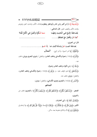 68
ٖٚٓ
233
233 ‫ﮋ‬‫ﯟ‬‫ﮊ‬‫أ‬‫ر‬‫ق‬(‫ري‬ ‫ابن‬‫ا‬‫عامر‬ ‫وابن‬ ‫ر‬‫وأبوحعفر‬‫ويعقوب‬)‫حب‬‫األلف‬ ‫ذف‬‫العني‬ ‫وتشديد‬‫و‬‫غي‬‫ـ‬‫رىم‬
.‫العني‬ ‫وختفيف‬ ‫األلف‬ ‫بإثبات‬‫الشاطبي‬ ‫قال‬:
‫اا‬‫ا‬‫ا‬‫ا‬‫ا‬َ‫ن‬ُ‫ُه‬َ‫و‬ ُِ‫ا‬‫ا‬‫ا‬‫ا‬‫ا‬‫ي‬َُِ‫ْح‬‫ل‬‫ا‬ ‫اي‬‫ا‬‫ا‬‫ا‬‫ا‬ِ‫ف‬ ْ‫اع‬‫ا‬‫ا‬‫ا‬‫ا‬َ‫ف‬ْ‫ار‬ ُ‫ك‬َ‫ف‬ِ‫ااع‬‫ا‬‫ا‬‫ا‬‫ا‬َ‫ض‬ُ‫ي‬َ‫ا‬‫ام‬‫ا‬ََ‫ا‬‫ا‬ُ‫ش‬َ ‫ا‬‫ا‬ِّ‫ق‬ُ‫ا‬َ ِّ‫ال‬‫ا‬ُ‫ك‬ْ‫ل‬‫ا‬ ‫اي‬‫ا‬‫ف‬ ُ‫ن‬ْ‫اي‬‫ا‬َ‫ْع‬‫ل‬‫ا‬َ‫و‬ ُُ‫ر‬ْ‫ك‬
ََ‫ا‬‫م‬َِ........ٍَ‫ف‬َّ‫ع‬َ‫ض‬ُ‫م‬ ْ‫ع‬َ‫م‬ ْ‫ر‬ُ‫ْص‬‫ق‬‫ا‬َ‫و‬ َ‫ار‬.................................
: ‫الجزري‬ ‫ابن‬ ‫قال‬
ْ ‫ا‬‫ا‬‫ا‬ِ‫ص‬ْ‫ن‬‫ا‬ ُ‫ك‬ُ‫ف‬ِ‫ااع‬‫ا‬‫ا‬َ‫ض‬ُ‫ي‬‫ا‬‫ا‬‫ا‬ُ‫ح‬‫اا‬‫ا‬‫ا‬َ‫ج‬ َ‫اف‬‫ا‬‫ا‬ْ‫ي‬َ ُُِِّْ‫ا‬‫ا‬‫ا‬َ‫ش‬َ‫و‬ ْ‫ز‬ِ‫إ‬‫ا‬ً‫ذ‬‫ا‬‫ا‬‫ا‬‫ا‬‫ا‬‫ا‬‫ا‬‫ا‬ُ‫ح‬ْ‫م‬..............................
‫ﮋ‬‫ﯬ‬‫ﮊ‬‫السورة‬ ‫آخر‬،‫بع‬‫ر‬‫ال‬ ‫وآخر‬.‫الممال‬
‫ﮋ‬‫ﯹ‬‫ﮊ‬‫ل‬ ‫باإلمالة‬( ‫ـ‬‫العاشر‬ ‫وخلف‬ ‫والكسائي‬ ‫حمزة‬)،‫ل‬ ‫التقليل‬‫و‬( ‫ـ‬‫وورش‬ ‫البصري‬ ‫ِوري‬)‫خبلف‬
‫عنو‬.
‫ﮋ‬‫ﯬ‬‫ﮊ‬‫ل‬( ‫ـ‬‫وخلف‬ ‫واا‬ ‫ذ‬ ‫ابن‬‫العاشر‬‫وحمزة‬).
‫ﮋ‬‫ﮧ‬‫ﮊ‬‫عليو‬ ‫الوقف‬ ‫لدى‬،‫و‬‫ﮋ‬‫ﯗ‬‫ﮊ‬‫باإل‬‫ل‬ ‫مالة‬( ‫ـ‬‫العاشر‬ ‫وخلف‬ ‫والكسائي‬ ‫حمزة‬)،
‫ل‬ ‫التقليل‬‫و‬( ‫ـ‬‫ورش‬).‫عنو‬ ‫خبلف‬
‫ﮋ‬‫ﭗ‬‫ﮊ‬‫ل‬ ‫باإلمالة‬( ‫ـ‬‫ا‬‫وِوري‬ ‫لبصري‬‫الكسائي‬)،‫ل‬ ‫التقليل‬‫و‬( ‫ـ‬‫ورش‬).
‫المُغم‬
‫الصغي‬‫ا‬‫ر‬:‫ﮋ‬‫ﭖ‬ ‫ﭕ‬‫ﮊ‬،‫ﮋ‬‫ﭧ‬ ‫ﭦ‬‫ﮊ‬،‫ﮋ‬‫ﯣ‬‫ﯢ‬‫ﯡ‬‫ﮊ‬‫ل‬( ‫ـ‬‫ا‬‫لبصري‬)‫عن‬ ‫خبلف‬
(‫الُوري‬).
‫ﮋ‬‫ﮫ‬ ‫ﮪ‬‫ﮊ‬‫ل‬( ‫ـ‬‫الحارث‬ ‫أبي‬).
‫الك‬‫بي‬‫ا‬‫ر‬:‫ﮋ‬‫ﭓ‬ ‫ﭒ‬‫ﮊ‬،‫ﮋ‬‫ﭧ‬‫ﮊ‬،‫ﮋ‬‫ﭾ‬ ‫ﭽ‬‫ﮊ‬،ً‫ا‬‫مع‬‫ﮋ‬‫ﮅ‬‫ﮄ‬‫ﮃ‬‫ﮂ‬ ‫ﮁ‬‫ﮊ‬‫و‬ ،‫يف‬ ‫إدغام‬ ‫ال‬
‫ﮋ‬‫ﯜ‬‫ﯛ‬‫ﮊ‬‫ألن‬(‫الالم‬)‫ساكن‬ ‫بعد‬ ‫مفتوحة‬.
 
