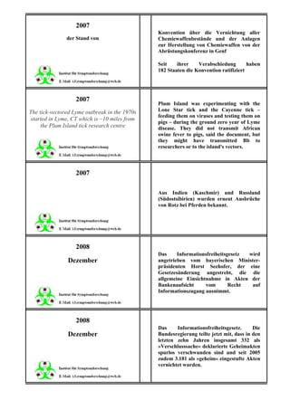 2007
                                               Konvention über die Vernichtung aller
               der Stand von                   Chemiewaffenbestände und der Anlagen
                                               zur Herstellung von Chemiewaffen von der
                                               Abrüstungskonferenz in Genf

                                               Seit    ihrer    Verabschiedung        haben
                                               182 Staaten die Konvention ratifiziert




                   2007
                                               Plum Island was experimenting with the
The tick-vectored Lyme outbreak in the 1970s   Lone Star tick and the Cayenne tick –
                                               feeding them on viruses and testing them on
started in Lyme, CT which is ~10 miles from
                                               pigs – during the ground zero year of Lyme
     the Plum Island tick research centre      disease. They did not transmit African
                                               swine fever to pigs, said the document, but
                                               they might have transmitted Bb to
                                               researchers or to the island's vectors.



                   2007

                                               Aus Indien (Kaschmir) und Russland
                                               (Südostsibirien) wurden erneut Ausbrüche
                                               von Rotz bei Pferden bekannt.




                   2008
                                               Das     Informationsfreiheitsgesetz wird
               Dezember                        angetrieben vom bayerischen Minister-
                                               präsidenten Horst Seehofer, der eine
                                               Gesetzesänderung angestrebt, die die
                                               allgemeine Einsichtnahme in Akten der
                                               Bankenaufsicht     vom        Recht  auf
                                               Informationszugang ausnimmt.




                   2008
                                               Das     Informationsfreiheitsgesetz.      Die
               Dezember                        Bundesregierung teilte jetzt mit, dass in den
                                               letzten zehn Jahren insgesamt 332 als
                                               »Verschlusssache« deklarierte Geheimakten
                                               spurlos verschwunden sind und seit 2005
                                               zudem 3.181 als »geheim« eingestufte Akten
                                               vernichtet wurden.
 