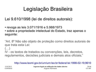 15/8/2013
CONSEGI
Aspectos legais na utilização dos dados abertos
Augusto Herrmann
20/46
CC-BY
Legislação Brasileira
Lei 9...