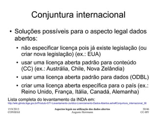 15/8/2013
CONSEGI
Aspectos legais na utilização dos dados abertos
Augusto Herrmann
30/46
CC-BY
Conjuntura internacional
● ...