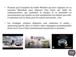 • D’autant qu’à l’exception du leader Michelin qui peut s’appuyer sur sa
mascotte Bibendum pour disposer d’un levier qui unifie les
communications, qui symbolise la marque et sa proximité au
consommateur, qui ramène un récit exceptionnel à la relation que celle-
ci entretient avec le client, pour les autres concurrents…rien.
• Les stratégies créatives déployées sont uniformes et molles :
sponsoring sportif, allers et retours entre campagnes promotionnelles
tirant vers le bas et films institutionnels banalisants et attendus…
 