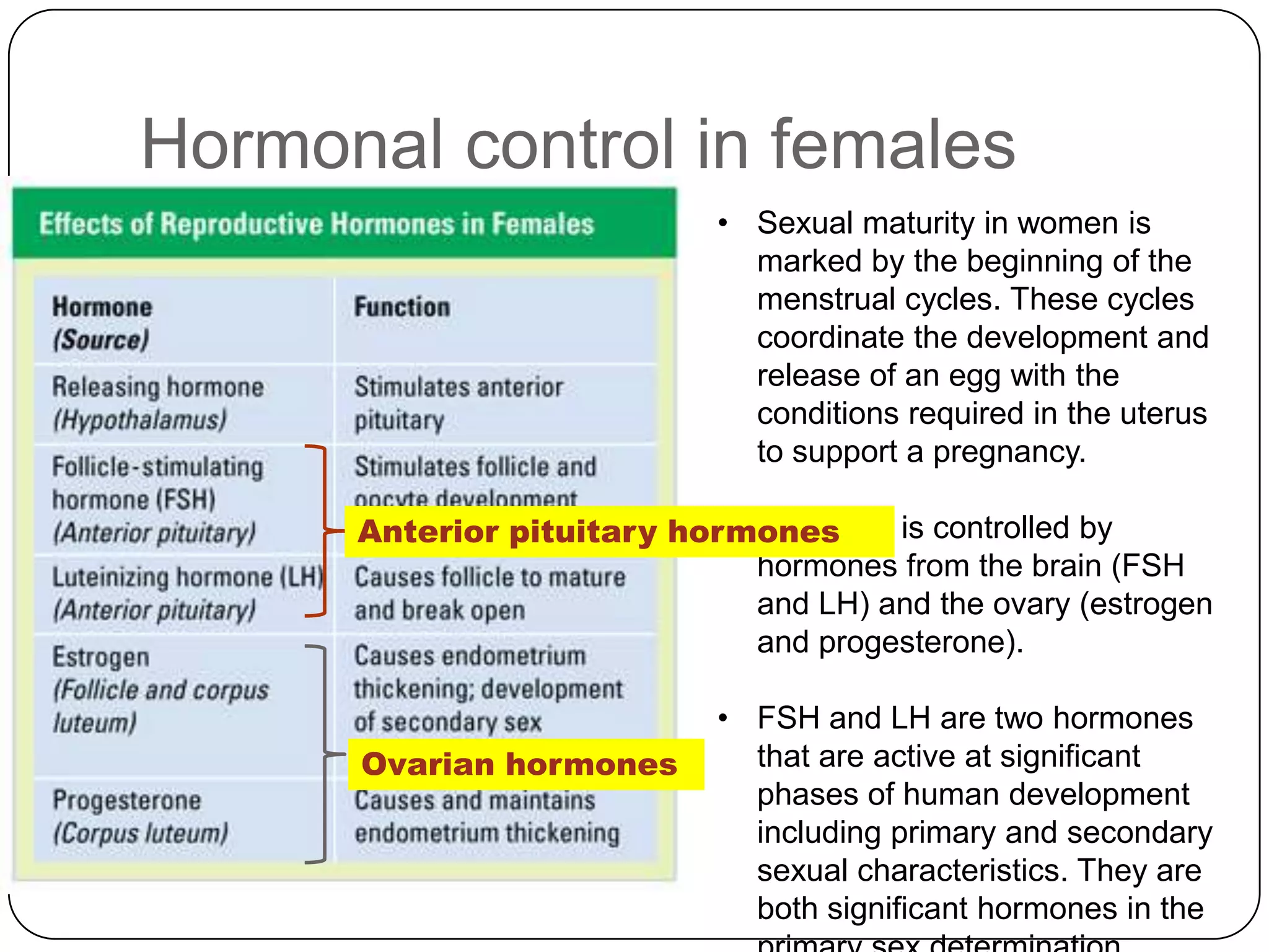 Hormonal control in females
                            • Sexual maturity in women is
                              marked by the beginning of the
                              menstrual cycles. These cycles
                              coordinate the development and
                              release of an egg with the
                              conditions required in the uterus
                              to support a pregnancy.

      Anterior pituitary hormones
                           • The cycle is controlled by
                             hormones from the brain (FSH
                             and LH) and the ovary (estrogen
                             and progesterone).

                            • FSH and LH are two hormones
      Ovarian hormones        that are active at significant
                              phases of human development
                              including primary and secondary
                              sexual characteristics. They are
                              both significant hormones in the
 