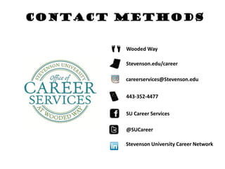 Contact Methods
Stevenson University Career Network
Stevenson.edu/career
careerservices@Stevenson.edu
443-352-4477
SU Career Services
@SUCareer
Wooded Way
 