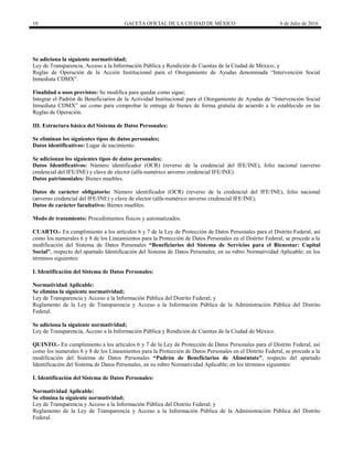 10 GACETA OFICIAL DE LA CIUDAD DE MÉXICO 6 de Julio de 2016
Se adiciona la siguiente normatividad;
Ley de Transparencia, Acceso a la Información Pública y Rendición de Cuentas de la Ciudad de México; y
Reglas de Operación de la Acción Institucional para el Otorgamiento de Ayudas denominada ―Intervención Social
Inmediata CDMX‖.
Finalidad o usos previstos: Se modifica para quedar como sigue;
Integrar el Padrón de Beneficiarios de la Actividad Institucional para el Otorgamiento de Ayudas de ―Intervención Social
Inmediata CDMX‖ así como para comprobar la entrega de bienes de forma gratuita de acuerdo a lo establecido en las
Reglas de Operación.
III. Estructura básica del Sistema de Datos Personales:
Se eliminan los siguientes tipos de datos personales;
Datos identificativos: Lugar de nacimiento.
Se adicionan los siguientes tipos de datos personales;
Datos Identificativos: Número identificador (OCR) (reverso de la credencial del IFE/INE), folio nacional (anverso
credencial del IFE/INE) y clave de elector (alfa-numérico anverso credencial IFE/INE).
Datos patrimoniales: Bienes muebles.
Datos de carácter obligatorio: Número identificador (OCR) (reverso de la credencial del IFE/INE), folio nacional
(anverso credencial del IFE/INE) y clave de elector (alfa-numérico anverso credencial IFE/INE).
Datos de carácter facultativo: Bienes muebles.
Modo de tratamiento: Procedimientos físicos y automatizados.
CUARTO.- En cumplimiento a los artículos 6 y 7 de la Ley de Protección de Datos Personales para el Distrito Federal, así
como los numerales 6 y 8 de los Lineamientos para la Protección de Datos Personales en el Distrito Federal, se procede a la
modificación del Sistema de Datos Personales “Beneficiarios del Sistema de Servicios para el Bienestar: Capital
Social”, respecto del apartado Identificación del Sistema de Datos Personales, en su rubro Normatividad Aplicable; en los
términos siguientes:
I. Identificación del Sistema de Datos Personales:
Normatividad Aplicable:
Se elimina la siguiente normatividad;
Ley de Transparencia y Acceso a la Información Pública del Distrito Federal; y
Reglamento de la Ley de Transparencia y Acceso a la Información Pública de la Administración Pública del Distrito
Federal.
Se adiciona la siguiente normatividad;
Ley de Transparencia, Acceso a la Información Pública y Rendición de Cuentas de la Ciudad de México.
QUINTO.- En cumplimiento a los artículos 6 y 7 de la Ley de Protección de Datos Personales para el Distrito Federal, así
como los numerales 6 y 8 de los Lineamientos para la Protección de Datos Personales en el Distrito Federal, se procede a la
modificación del Sistema de Datos Personales “Padrón de Beneficiarios de Aliméntate”, respecto del apartado
Identificación del Sistema de Datos Personales, en su rubro Normatividad Aplicable; en los términos siguientes:
I. Identificación del Sistema de Datos Personales:
Normatividad Aplicable:
Se elimina la siguiente normatividad;
Ley de Transparencia y Acceso a la Información Pública del Distrito Federal; y
Reglamento de la Ley de Transparencia y Acceso a la Información Pública de la Administración Pública del Distrito
Federal.
 