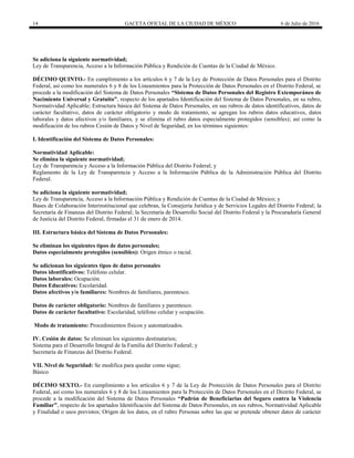 14 GACETA OFICIAL DE LA CIUDAD DE MÉXICO 6 de Julio de 2016
Se adiciona la siguiente normatividad;
Ley de Transparencia, Acceso a la Información Pública y Rendición de Cuentas de la Ciudad de México.
DÉCIMO QUINTO.- En cumplimiento a los artículos 6 y 7 de la Ley de Protección de Datos Personales para el Distrito
Federal, así como los numerales 6 y 8 de los Lineamientos para la Protección de Datos Personales en el Distrito Federal, se
procede a la modificación del Sistema de Datos Personales “Sistema de Datos Personales del Registro Extemporáneo de
Nacimiento Universal y Gratuito”, respecto de los apartados Identificación del Sistema de Datos Personales, en su rubro,
Normatividad Aplicable; Estructura básica del Sistema de Datos Personales, en sus rubros de datos identificativos, datos de
carácter facultativo, datos de carácter obligatorio y modo de tratamiento, se agregan los rubros datos educativos, datos
laborales y datos afectivos y/o familiares, y se elimina el rubro datos especialmente protegidos (sensibles); así como la
modificación de los rubros Cesión de Datos y Nivel de Seguridad; en los términos siguientes:
I. Identificación del Sistema de Datos Personales:
Normatividad Aplicable:
Se elimina la siguiente normatividad;
Ley de Transparencia y Acceso a la Información Pública del Distrito Federal; y
Reglamento de la Ley de Transparencia y Acceso a la Información Pública de la Administración Pública del Distrito
Federal.
Se adiciona la siguiente normatividad;
Ley de Transparencia, Acceso a la Información Pública y Rendición de Cuentas de la Ciudad de México; y
Bases de Colaboración Interinstitucional que celebran, la Consejería Jurídica y de Servicios Legales del Distrito Federal; la
Secretaría de Finanzas del Distrito Federal; la Secretaría de Desarrollo Social del Distrito Federal y la Procuraduría General
de Justicia del Distrito Federal, firmadas el 31 de enero de 2014.
III. Estructura básica del Sistema de Datos Personales:
Se eliminan los siguientes tipos de datos personales;
Datos especialmente protegidos (sensibles): Origen étnico o racial.
Se adicionan los siguientes tipos de datos personales
Datos identificativos: Teléfono celular.
Datos laborales: Ocupación.
Datos Educativos: Escolaridad.
Datos afectivos y/o familiares: Nombres de familiares, parentesco.
Datos de carácter obligatorio: Nombres de familiares y parentesco.
Datos de carácter facultativo: Escolaridad, teléfono celular y ocupación.
Modo de tratamiento: Procedimientos físicos y automatizados.
IV. Cesión de datos: Se eliminan los siguientes destinatarios;
Sistema para el Desarrollo Integral de la Familia del Distrito Federal; y
Secretaría de Finanzas del Distrito Federal.
VII. Nivel de Seguridad: Se modifica para quedar como sigue;
Básico
DÉCIMO SEXTO.- En cumplimiento a los artículos 6 y 7 de la Ley de Protección de Datos Personales para el Distrito
Federal, así como los numerales 6 y 8 de los Lineamientos para la Protección de Datos Personales en el Distrito Federal, se
procede a la modificación del Sistema de Datos Personales “Padrón de Beneficiarias del Seguro contra la Violencia
Familiar”, respecto de los apartados Identificación del Sistema de Datos Personales, en sus rubros, Normatividad Aplicable
y Finalidad o usos previstos; Origen de los datos, en el rubro Personas sobre las que se pretende obtener datos de carácter
 