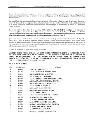 6 de Julio de 2016 GACETA OFICIAL DE LA CIUDAD DE MÉXICO 23
Que la información obtenida con equipos y sistemas tecnológicos, con base en la cual se determine la imposición de la
sanción, constituye prueba plena en términos de la Ley que Regula el Uso de Tecnología para la Seguridad Pública del
Distrito Federal.
Que con el fin de dar cumplimiento al marco legal previamente referenciado, se hace necesario dar a conocer el nombre y
número de placa de las y los integrantes de la Policía autorizados para que expidan y firmen las boletas de tránsito a través
de los medios electrónicos, a los conductores de vehículos que contravengan las disposiciones en materia de Tránsito en la
Ciudad de México.
Que en este orden de ideas, el día 20 de agosto del 2015 se publicó el Acuerdo 23/2015 por el que se da a conocer el
nombre completo y número de placa del personal operativo de la Secretaría de Seguridad Pública del Distrito
Federal, autorizado para que expida y firme las boletas de tránsito a través de los medios electrónicos, con motivo de
infracciones a las disposiciones en materia de tránsito aplicables en el Distrito Federal.
Que en este mismo sentido, se hace necesario actualizar la relación de personal policial de la Secretaría de Seguridad
Pública de la Ciudad de México, autorizado para que expidan y firmen las boletas de tránsito a través de los medios
electrónicos, a los conductores de vehículos que contravengan las disposiciones en materia de Tránsito, lo que implica un
caso trascendente en tanto constituye proveer a la ciudadanía de los elementos de certidumbre jurídica adecuados, respecto
del personal que cuenta con esta autorización.
En virtud de lo anterior, he tenido a bien expedir el siguiente:
ACUERDO 41/2016 POR EL QUE SE DA A CONOCER EL NOMBRE COMPLETO Y NÚMERO DE PLACA
DEL PERSONAL OPERATIVO DE LA SECRETARÍA DE SEGURIDAD PÚBLICA DE LA CIUDAD DE
MÉXICO, AUTORIZADO PARA QUE EXPIDA Y FIRME LAS BOLETAS DE TRÁNSITO A TRAVÉS DE LOS
MEDIOS ELECTRÓNICOS, CON MOTIVO DE INFRACCIONES A LAS DISPOSICIONES EN MATERIA DE
TRÁNSITO APLICABLES EN CIUDAD DE MÉXICO
POLICIA DE TRÁNSITO:
No. EMPLEADO NOMBRE
1 830625 ABREU CANO RAFAEL
2 903494 AGUILAR AGUILAR ANDRES JESUS
3 918815 AGUILAR BARRIOS APOLONIO
4 918816 AGUILAR GARCIA ALBERTO
5 916144 AGUILAR HERNANDEZ MARIA DEL CARMEN
6 829537 AGUILAR MARTINEZ ELOISA ADRIANA
7 882694 AGUILAR MARTINEZ GUADALUPE
8 918820 AGUILAR NERI VERONICA
9 918821 AGUILAR VARELA RICARDO
10 918822 AGUILAR VEGA MIGUEL ANGEL
11 869721 AGUILAR VERA JOSE
12 903513 AGUILERA HERRERA IVAN ANTONIO
13 934356 ALBA RIOS ANGEL EDUARDO
14 759997 ALBERTO MARTINEZ LAMBERTO
15 700650 ALCANTARA SANCHEZ BENJAMIN
16 931150 ALDAMA MORENO CLAUDIA DANIELA
17 934355 ALDANA MARTINEZ AMADEO
18 918825 ALEJO RAMIREZ ESTEBAN
19 915400 ALEMAN PEDRAZA ERICK IRVING
 