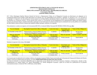ADMINISTRACIÓN PÚBLICA DE LA CIUDAD DE MEXICO
DELEGACION COYOACÁN
DIRECCIÓN GENERAL DE SERVICIOS Y MEJORAMIENTO URBANO
Convocatoria: 002-2016
Licitación Pública (Nacional)
El C. Oliver Domínguez Sánchez Director General de Servicio y Mejoramiento Urbano, de la Delegación Coyoacán, en observancia a lo dispuesto en la
Constitución Política de los Estados Unidos Mexicanos en su artículo 134, y de conformidad con los artículos 3° apartado “A” fracción I y IV, 5, 23, 24 inciso a)
25 apartado “A” fracción I, 26, 28, 44 fracción I inciso a) de la Ley de Obras Publicas del Distrito Federal y articulo 26 de su Reglamento y en concordancia con
los artículos 38, 39 fracción LXXXV, 122-bis fracción XOV inciso c) y 126 fracción XVI del Reglamento de la Administración Pública del Distrito Federal,
convoca a las personas físicas y morales interesadas a participar en las Licitaciones de carácter nacional para la contratación de las obra pública en la modalidad
de Obra Pública a base de Precios Unitarios por unidad de trabajo realizado, conforme a los siguiente:
Nota aclaratoria: se aclara con respecto a la Convocatoria 002-2016 y Licitación Publica Nacional (DC/DGSMU/LP/003-2016) que dice:
No. de Licitación Descripción General de la Obra y Ubicación Costo de las bases Fecha límite para
Adquirir bases
Visita de Obra Obligatoria
DC/DGSMU/LP/003-2016 Mantenimiento a Espacios Públicos diversas
colonias de la Delegación Coyoacán, Zona A
$1,000.00 01 de Julio 2016 06-Julio-2016
10:00 horas
Junta de aclaración
Obligatoria
Presentación y entrega de propuestas y
Apertura del sobre único
Fecha de inicio y
Terminación
Plazo de ejecución Capital Contable requerido
11 de Julio 2016
10:00 horas
14 de Julio 2016
10:00 horas
20 de Julio al 2016-
19-Octubre-2016
90 días naturales $8,407,000.00
Mediante la siguiente fe de erratas, Debe decir:
No. de Licitación Descripción General de la Obra y Ubicación Costo de las bases Fecha límite para
Adquirir bases
Visita de Obra Obligatoria
DC/DGSMU/LP/003-2016 Mantenimiento a Espacios Públicos diversas
colonias de la Delegación Coyoacán, Zona A
$1,000.00 01 de Julio 2016 07-Julio-2016
10:00 horas
Junta de aclaración
Obligatoria
Presentación y entrega de propuestas y
Apertura del sobre único
Fecha de inicio y
Terminación
Plazo de ejecución Capital Contable requerido
13 de Julio 2016
10:00 horas
18 de Julio 2016
10:00 horas
25 de Julio al 2016-
21-Octubre-2016
90 días naturales $8,407,000.00
Los recursos para la realización de los trabajos relativos a la presente Licitación Pública fueron autorizados por la Secretaria de Finanzas del Gobierno del Distrito
Federal, a través de la Subsecretaria de Egresos, con oficio SFDF/SE/0515/2016 de fecha 26 de enero de 2016.
Las bases de licitación se encuentran disponibles para su adquisición en las oficinas de la J.U.D de Concursos, Contratos y Estimaciones, ubicada en Rey
Nezahualcóyotl s/n, esquina yaquis, Col. Ajusco Huayamilpas, C.P. 04390, Delegación Coyoacán, a partir de la fecha de la publicación de la presente
convocatoria de lunes a viernes de 9:00 a 14:00 horas, en días hábiles.
 
