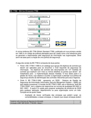 Academia Latino-Americana de Segurança da Informação
Introdução à ABNT NBR ISO/IEC 17799:2005 - Módulo 1
29
BS 7799 - BRITISH STANDARD 7799
A norma britânica BS 7799 (British Standard 7799), publicada em sua primeira versão
em 1995 é um código de práticas planejado para ser usado como uma referência para
os gerentes e responsáveis pela segurança da informação nas organizações. Deve
servir de base para a criação de uma política de segurança.
A segunda versão da BS 7799 é composta de duas partes:
Parte I: BS 17799-1:1999 é um catálogo que agrupa 36 objetivos de controle que
devem ser aplicados para se encontrar o nível requerido de segurança da
informação. Os objetivos de controle são decompostos em 127 medidas de
controle que explicam com mais ou menos detalhes os pontos que devem ser
trabalhados para a implementação dessas medidas. O foco desta parte é a
gestão de riscos, cujo objetivo é auxiliar a organização a planejar sua política de
segurança através da identificação dos controles relevantes para seus negócios.
Parte II: BS 7799-2:1999 apresenta um SGSI - Sistema de Gestão da
Segurança da Informação (Information Security Mangement System – ISMS) em
seis etapas sucessivas. A revisão da BS 7799-2:1999, sob a referência “draft BS
7799-2:2002”, tem o objetivo de reaproximar as normas de qualidade ISO 9001 e
ISO 14001. A parte II é usada para preparar avaliações da eficiência do SGSI
para qualquer aplicação, departamento ou para organização como um todo.
Compõe-se de quatro fases:
- Avaliação de riscos: verificação das ameaças que podem surgir, as
vulnerabilidades a essas ameaças, o impacto que essas ameaças podem
Definir uma política de segurançaDefinir uma política de segurança
Definir o domínio de aplicação do
sistema de gestão de segurança da
informação
Definir o domínio de aplicação do
sistema de gestão de segurança da
informação
Empreender uma avaliação dos riscosEmpreender uma avaliação dos riscos
Tratamento dos riscosTratamento dos riscos
Escolher os objetivos e medidas de
controle que devem serem trabalhadas
Escolher os objetivos e medidas de
controle que devem serem trabalhadas
Preparar uma declaração de
aplicabilidade
Preparar uma declaração de
aplicabilidade
Definir uma política de segurançaDefinir uma política de segurança
Definir o domínio de aplicação do
sistema de gestão de segurança da
informação
Definir o domínio de aplicação do
sistema de gestão de segurança da
informação
Empreender uma avaliação dos riscosEmpreender uma avaliação dos riscos
Tratamento dos riscosTratamento dos riscos
Escolher os objetivos e medidas de
controle que devem serem trabalhadas
Escolher os objetivos e medidas de
controle que devem serem trabalhadas
Preparar uma declaração de
aplicabilidade
Preparar uma declaração de
aplicabilidade
 