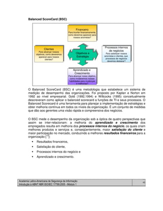 Academia Latino-Americana de Segurança da Informação
Introdução à ABNT NBR ISO/IEC 17799:2005 - Módulo 1
40
Balanced ScoreCard (BSC)
O Balanced ScoreCard (BSC) é uma metodologia que estabelece um sistema de
medição de desempenho das organizações. Foi proposto por Kaplan e Norton em
1992 ao nível empresarial. Gold (1992,1994) e Willcocks (1995) conceitualmente
descreveram como aplicar o balanced scorecard a funções de TI e seus processos. O
Balanced Scorecard é uma ferramenta para planejar a implementação de estratégias e
obter melhoria contínua em todos os níveis da organização. É um conjunto de medidas
que dão aos gerentes uma visão rápida e compreensiva dos negócios.
O BSC mede o desempenho da organização sob a óptica de quatro perspectivas que
assim se inter-relacionam: a melhoria do aprendizado e crescimento dos
empregados resulta em melhoria dos processos internos do negócio, os quais criam
melhores produtos e serviços e, conseqüentemente, maior satisfação do cliente e
maior participação no mercado, conduzindo a melhores resultados financeiros para a
organização [12
]:
Resultados financeiros,
Satisfação do cliente,
Processos internos do negócio e
Aprendizado e crescimento.
Financeiro
Para triunfar financeiramente,
como devemos aparecer para
nossos acionistas?
Financeiro
Para triunfar financeiramente,
como devemos aparecer para
nossos acionistas?
Objetivos e
Estratégia
Processos internos
de negócios
Para satisfazer nossos
acionistas e clientes, que
processos de negócios
devemos destacar?
Processos internos
de negócios
Para satisfazer nossos
acionistas e clientes, que
processos de negócios
devemos destacar?
Aprendizado e
Crescimento
Para alcançar nosso objetivo,
como mnateremos nossas
habilidades para mudanças
e melhorias?
Aprendizado e
Crescimento
Para alcançar nosso objetivo,
como mnateremos nossas
habilidades para mudanças
e melhorias?
Clientes
Para alcançar nossos
objetivos, como deveremos
aparecer para nossos
clientes?
Clientes
Para alcançar nossos
objetivos, como deveremos
aparecer para nossos
clientes?
Financeiro
Para triunfar financeiramente,
como devemos aparecer para
nossos acionistas?
Financeiro
Para triunfar financeiramente,
como devemos aparecer para
nossos acionistas?
Objetivos e
Estratégia
Processos internos
de negócios
Para satisfazer nossos
acionistas e clientes, que
processos de negócios
devemos destacar?
Processos internos
de negócios
Para satisfazer nossos
acionistas e clientes, que
processos de negócios
devemos destacar?
Aprendizado e
Crescimento
Para alcançar nosso objetivo,
como mnateremos nossas
habilidades para mudanças
e melhorias?
Aprendizado e
Crescimento
Para alcançar nosso objetivo,
como mnateremos nossas
habilidades para mudanças
e melhorias?
Clientes
Para alcançar nossos
objetivos, como deveremos
aparecer para nossos
clientes?
Clientes
Para alcançar nossos
objetivos, como deveremos
aparecer para nossos
clientes?
 