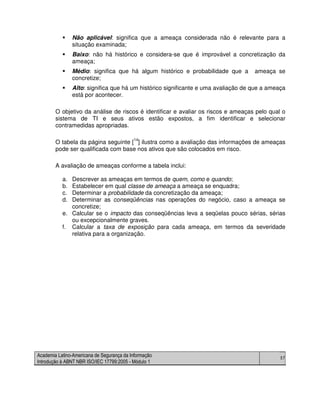 Academia Latino-Americana de Segurança da Informação
Introdução à ABNT NBR ISO/IEC 17799:2005 - Módulo 1
57
Não aplicável: significa que a ameaça considerada não é relevante para a
situação examinada;
Baixo: não há histórico e considera-se que é improvável a concretização da
ameaça;
Médio: significa que há algum histórico e probabilidade que a ameaça se
concretize;
Alto: significa que há um histórico significante e uma avaliação de que a ameaça
está por acontecer.
O objetivo da análise de riscos é identificar e avaliar os riscos e ameaças pelo qual o
sistema de TI e seus ativos estão expostos, a fim identificar e selecionar
contramedidas apropriadas.
O tabela da página seguinte [14
] ilustra como a avaliação das informações de ameaças
pode ser qualificada com base nos ativos que são colocados em risco.
A avaliação de ameaças conforme a tabela inclui:
a. Descrever as ameaças em termos de quem, como e quando;
b. Estabelecer em qual classe de ameaça a ameaça se enquadra;
c. Determinar a probabilidade da concretização da ameaça;
d. Determinar as conseqüências nas operações do negócio, caso a ameaça se
concretize;
e. Calcular se o impacto das conseqüências leva a seqüelas pouco sérias, sérias
ou excepcionalmente graves.
f. Calcular a taxa de exposição para cada ameaça, em termos da severidade
relativa para a organização.
 