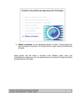 Academia Latino-Americana de Segurança da Informação
Introdução à ABNT NBR ISO/IEC 17799:2005 - Módulo 1
72
8. Refaça o processo. A nova declaração gerada no passo 7 deverá passar por
todo o processo novamente, a fim de que entre em vigor e seja do conhecimento
de todos.
Esses passos não são fáceis e envolvem muito trabalho, porém criam uma
metodologia por etapas que uma vez seguida levará ao sucesso da criação da política
de segurança da informação.
1. Escreva o esboço do documento
2. Apresente seu esboço para a diretoria
3. Crie um comitê de política e segurança
4. Divulgue a política
5. Leve a política a sério
6. Acate sugestões
7. Reavalie periodicamente
8. Refaça o processo
Criando uma política de segurança da informação
1. Escreva o esboço do documento
2. Apresente seu esboço para a diretoria
3. Crie um comitê de política e segurança
4. Divulgue a política
5. Leve a política a sério
6. Acate sugestões
7. Reavalie periodicamente
8. Refaça o processo
Criando uma política de segurança da informação
 