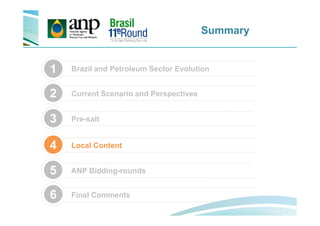 Summary
Brazil and Petroleum Sector Evolution1
3
Current Scenario and Perspectives2
Local Content4
ANP Bidding-rounds5
Final Comments6
Pre-salt3
 