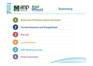 Summary
Brazil and Petroleum Sector Evolution1
3
Current Scenario and Perspectives2
Local Content4
ANP Bidding-rounds5
Final Comments6
Pre-salt3
 