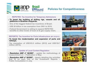 Policies for Competitiveness
REPETRO: Tax Incentive for Temporary Admissions
o To boost the building of drilling rigs, vessels and oil
platforms in Brazilian shipyards;
o One of the biggest federal tax incentives of Brazil;
o US$ 26 billion in tax exemption from 2001 to 2010;
o Federal Government is willing to expand REPETRO
benefits to other levels of local oil & gas supply chain;
REPORTO: Tax Incentive for Ports Infrastructure (MP 353/2012)
oTo boost the modernization and expansion of ports and
railways;
oTax exemption of US$103.5 million (2012) and US$136.7
million (2013);
Update of Local Content Regulation
o Resolution ANP nº 36/2007 – update the methodology of
measurement LC – Publication in May;
o Resolution ANP nº 39/2007 – deeply detailing the activities
that fit on each line of the Investment Reports –
Public Consultation in July.
 