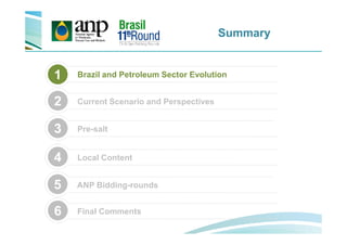 Summary
Brazil and Petroleum Sector Evolution1
3
Current Scenario and Perspectives2
Local Content4
ANP Bidding-rounds5
Final Comments6
Pre-salt3
 
