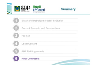 Summary
Brazil and Petroleum Sector Evolution1
3
Current Scenario and Perspectives2
Local Content4
ANP Bidding-rounds5
Final Comments6
Pre-salt3
 