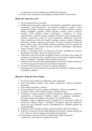 en Navarra así como las lenguas de la población inmigrante.
12. Lectura como instrumento de aprendizaje y tratamiento de la información.
Bloque III.- Expresión escrita
1. Uso del sistema de lecto-escritura.
2. Producción de textos para comunicar conocimientos, sentimientos, experiencias o
necesidades. Textos descriptivos: descripciones incluidas en cuentos y textos
explicativos, gráficos, anuncios, mapas, planos, etc. Textos narrativos: cuentos,
fábulas, biografías, leyendas, chistes, películas, noticias, cómics, anuncios,
postales, cartas, diálogos, diarios, invitaciones y problemas, etc. Textos
argumentativos: anuncios, refranes, diálogos incluidos en textos argumentativos,
refranes, comentarios orales, etc. Textos Expositivos: definición, explicación,
listas, conferencias, libros de consulta, catálogos, carteles, murales, eslóganes,
peticiones, encuestas, impresos, diccionarios, etc. Textos instructivos: normas de
juego, recetas, notas, avisos, fábulas, agenda, reglamentos, folletos explicativos,
etc. Textos literarios: cuentos canciones, poemas, trabalenguas, adivinanzas,
cómics, romances, teatro, etc.
3. Normas y estrategias para la producción de textos: Planificación (función,
destinatario, estructura). Revisión y mejora del texto.
4. Valoración y uso de las normas ortográficas básicas. Uso básico de los signos de
puntuación. Acentuación de las palabras de uso más frecuente (palabras agudas,
llanas y esdrújulas). Caligrafía. Orden y limpieza. Dictados.
5. Toma de conciencia de la diversidad lingüística del entorno: Lenguas oficiales en
la C Foral, así como las lenguas de la población inmigrante,
6. Uso de las NNTT para leer y escribir en soporte informático.
7. Estrategias para el tratamiento de la información: Resúmenes, esquemas, mapas
conceptuales, gráficas.
Bloque IV.- Reflexión sobre la lengua
1. La oración como unidad con significado: sujeto, predicado.
2. Clases de palabras: nombre, verbo, adjetivo calificativo, artículo, pronombres
personales.
3. Concordancia de género y número.
4. Clases de nombres: propios, comunes, individuales, colectivos y gentilicios.
5. La sílaba: tónica y átona. Palabras tónicas y palabras átonas.
6. Vocabulario: campos semánticos. Familias de palabras. Sinónimos y antónimos.
Aumentativos y diminutivos. Palabras simples y compuestas, primitivas y
derivadas. Ordenación alfabética de palabras. Uso del diccionario.
7. Ortografía: reglas ortográficas para las palabras de uso frecuente. Reglas de
acentuación (agudas, llanas y esdrújulas). Principales signos de puntuación.
Interés por una ortografía correcta. Preocupación por consultar palabras de
ortografía difícil.
8. Conjugación de los tiempos verbales: presente, pasado y futuro de indicativo.
9. Toma de conciencia de la diversidad lingüística del entorno: Lenguas oficiales en
la C. Foral, así como las lenguas de la población inmigrante.
10. Conocimiento y apreciación de la variedad textual según la intención
comunicativa , la estructura y la función del texto.
 