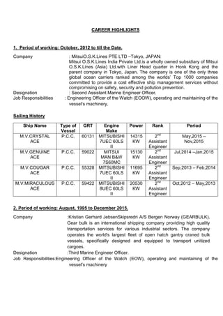 CAREER HIGHLIGHTS
1. Period of working: October, 2012 to till the Date.
Company : MitsuiO.S.K.Lines PTE LTD –Tokyo, JAPAN:
Mitsui O.S.K.Lines India Private Ltd.is a wholly owned subsidiary of Mitsui
O.S.K.Lines (Asia) Ltd.with Liner Head quarter in Honk Kong and the
parent company in Tokyo, Japan. The company is one of the only three
global ocean carriers ranked among the worlds’ Top 1000 companies
committed to provide a cost effective ship management services without
compromising on safety, security and pollution prevention.
Designation : Second Assistant Marine Engineer Officer.
Job Responsibilities : Engineering Officer of the Watch (EOOW), operating and maintaining of the
vessel’s machinery.
Sailing History
Ship Name Type of
Vessel
GRT Engine
Make
Power Rank Period
M.V.CRYSTAL
ACE
P.C.C. 60131 MITSUBISHI
7UEC 60LS
II
14315
KW
2nd
Assistant
Engineer
May,2015 –
Nov,2015
M.V.GENUINE
ACE
P.C.C. 59022 MITSUI
MAN B&W
7S60MC
15130
KW
2nd
Assistant
Engineer
Jul,2014 –Jan,2015
M.V.COUGAR
ACE
P.C.C. 55328 MITSUBISHI
7UEC 60LS
II
11695
KW
2nd
Assistant
Engineer
Sep,2013 – Feb,2014
M.V.MIRACULOUS
ACE
P.C.C. 59422 MITSUBISHI
8UEC 60LS
II
20530
KW
2nd
Assistant
Engineer
Oct,2012 – May,2013
2. Period of working: August, 1995 to December 2015.
Company :Kristian Gerhard JebsenSkipsredri A/S Bergen Norway (GEARBULK).
Gear bulk is an international shipping company providing high quality
transportation services for various industrial sectors. The company
operates the world's largest fleet of open hatch gantry craned bulk
vessels, specifically designed and equipped to transport unitized
cargoes.
Designation :Third Marine Engineer Officer.
Job Responsibilities:Engineering Officer of the Watch (EOW), operating and maintaining of the
vessel’s machinery
 