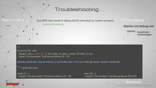 WRITE READ SEND ALERT
messages sent by Client messages sent by Server warning fatal
fatal error: 80: Inbound closed before receiving peer's close_notify: possible truncation attack?
SEND TLSv1.2 ALERT: fatal, description = internal_error
SEND TLSv1.2 ALERT: warning, description = close_notify
Troubleshooting
TLS debugging
-Djavax.net.debug=all
ssl
handshake
trustmanager
SunJSSE has a built-in debug facility activated by system property
javax.net.debug
Options:
***
Search criteria
 