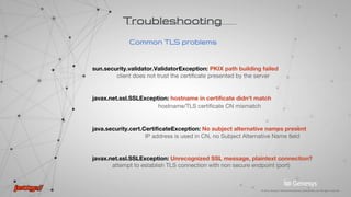 Certificate verification succeeded, client recognises the certificate.
***
Found trusted certificate
If TLS handshake is completed successfully server sends Change Cipher Spec/Finished
thread_name, WRITE: TLSv1.2 Change Cipher Spec, length = 105 <-- client message
*** Finished
thread_name, READ: TLSv1.2 Change Cipher Spec, length = 74 <-- server message
*** Finished
Troubleshooting
TLS debugging
-Djavax.net.debug=ssl
handshake
trustmanager
SunJSSE has a built-in debug facility activated by system property
javax.net.debug
Options:
***
Search criteria
 