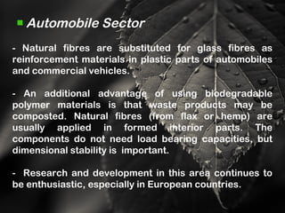 Automobile Sector
- Natural fibres are substituted for glass fibres as
reinforcement materials in plastic parts of automobiles
and commercial vehicles.
- An additional advantage of using biodegradable
polymer materials is that waste products may be
composted. Natural fibres (from flax or hemp) are
usually applied in formed interior parts. The
components do not need load bearing capacities, but
dimensional stability is important.
- Research and development in this area continues to
be enthusiastic, especially in European countries.
 