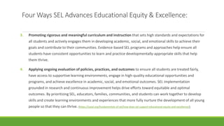 Four Ways SEL Advances Educational Equity & Excellence:
3. Promoting rigorous and meaningful curriculum and instruction that sets high standards and expectations for
all students and actively engages them in developing academic, social, and emotional skills to achieve their
goals and contribute to their communities. Evidence-based SEL programs and approaches help ensure all
students have consistent opportunities to learn and practice developmentally-appropriate skills that help
them thrive.
4. Applying ongoing evaluation of policies, practices, and outcomes to ensure all students are treated fairly,
have access to supportive learning environments, engage in high-quality educational opportunities and
programs, and achieve excellence in academic, social, and emotional outcomes. SEL implementation
grounded in research and continuous improvement helps drive efforts toward equitable and optimal
outcomes. By prioritizing SEL, educators, families, communities, and students can work together to develop
skills and create learning environments and experiences that more fully nurture the development of all young
people so that they can thrive. (https://casel.org/fundamentals-of-sel/how-does-sel-support-educational-equity-and-excellence/)
 