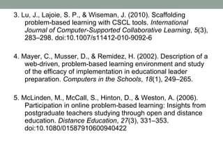 3. Lu, J., Lajoie, S. P., & Wiseman, J. (2010). Scaffolding
    problem-based learning with CSCL tools. International
    Journal of Computer-Supported Collaborative Learning, 5(3),
    283–298. doi:10.1007/s11412-010-9092-6

4. Mayer, C., Musser, D., & Remidez, H. (2002). Description of a
    web-driven, problem-based learning environment and study
    of the efficacy of implementation in educational leader
    preparation. Computers in the Schools, 18(1), 249–265.

5. McLinden, M., McCall, S., Hinton, D., & Weston, A. (2006).
    Participation in online problem‐based learning: Insights from
    postgraduate teachers studying through open and distance
    education. Distance Education, 27(3), 331–353.
    doi:10.1080/01587910600940422
 