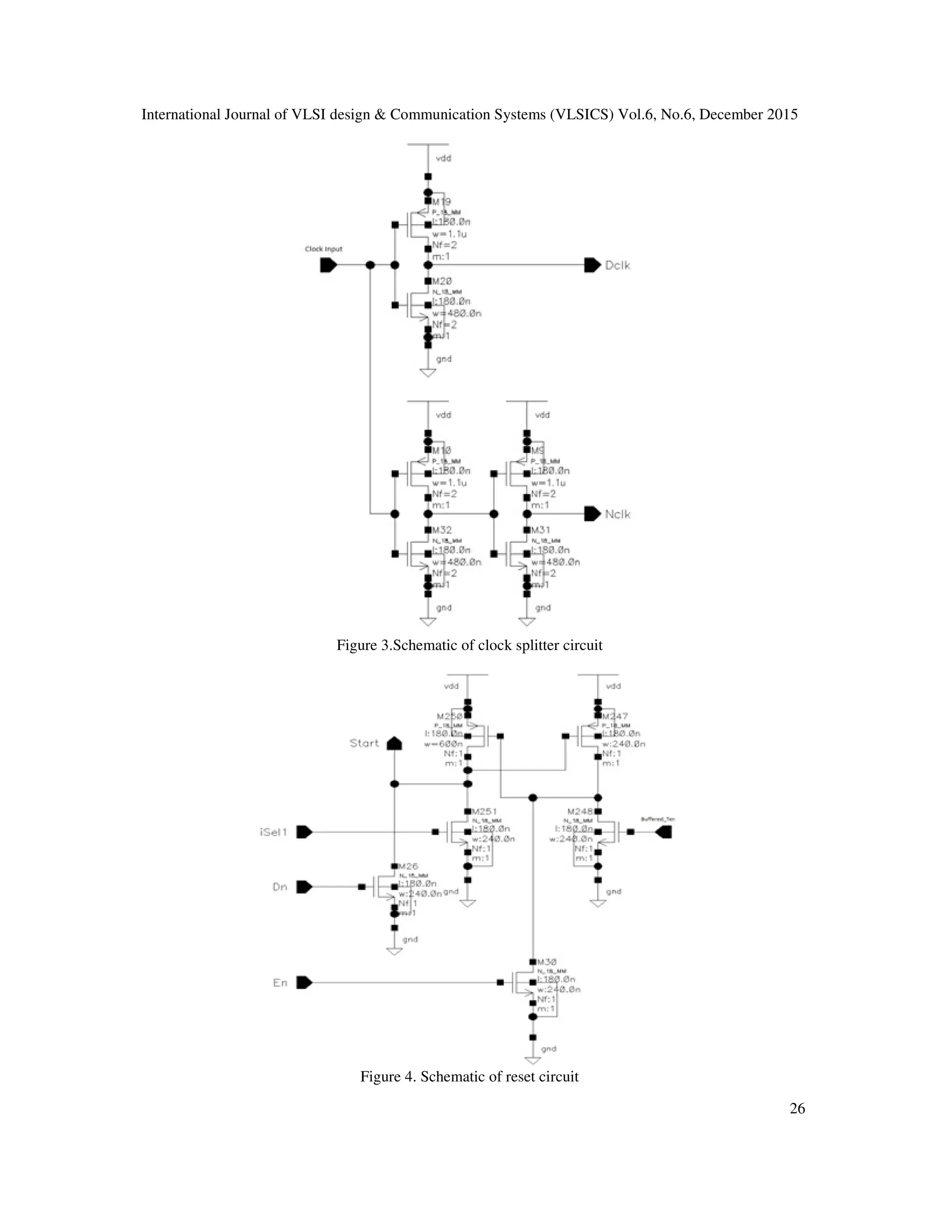 International Journal of VLSI design & Communication Systems (VLSICS) Vol.6, No.6, December 2015
26
Figure 3.Schematic of clock splitter circuit
Figure 4. Schematic of reset circuit
 