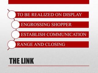 THE LINK
TO BE REALIZED ON DISPLAY
ENGROSSING SHOPPER
ESTABLISH COMMUNICATION
RANGE AND CLOSING
 