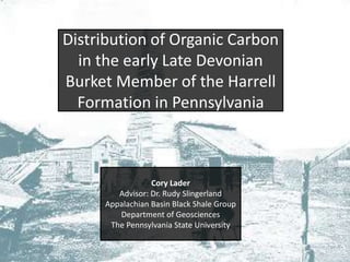 Cory Lader
Advisor: Dr. Rudy Slingerland
Appalachian Basin Black Shale Group
Department of Geosciences
The Pennsylvania State University
Distribution of Organic Carbon
in the early Late Devonian
Burket Member of the Harrell
Formation in Pennsylvania
 