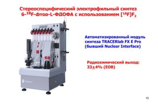 Стереоспецифический электрофильный синтез
6-18F-фтор-L-ФДОФА с использованием [18F]F2

Автоматизированный модуль
синтеза TRACERlab FX E Pro
(бывший Nuclear Interface)

Радиохимический выход:
33+4% (EOB)

10

 