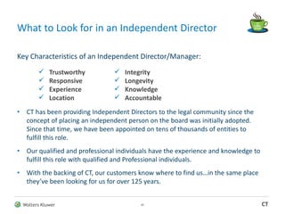 Wolters Kluwer CT
What to Look for in an Independent Director
Key Characteristics of an Independent Director/Manager:
• CT has been providing Independent Directors to the legal community since the
concept of placing an independent person on the board was initially adopted.
Since that time, we have been appointed on tens of thousands of entities to
fulfill this role.
• Our qualified and professional individuals have the experience and knowledge to
fulfill this role with qualified and Professional individuals.
• With the backing of CT, our customers know where to find us…in the same place
they’ve been looking for us for over 125 years.
10
 Trustworthy
 Responsive
 Experience
 Location
 Integrity
 Longevity
 Knowledge
 Accountable
 