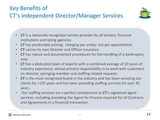 Wolters Kluwer CT
Key Benefits of
CT’s Independent Director/Manager Services
11
• CT is a nationally recognized service provider by all lenders, financial
institutions and rating agencies
• CT has predictable pricing; charging per entity; not per appointment
• CT carries its own Director and Officer insurance
• CT has robust and documented procedures for the handling of a bankruptcy
vote
• CT has a dedicated team of experts with a combined average of 20 years of
industry experience, whose primary responsibility is to work with customers
on director, springing member and staffing related requests
• CT is the most recognized brand in the industry and has been servicing our
clients for >125 years and has been providing staffing services for over 30
years.
• Our staffing services are a perfect complement to CT’s registered agent
services, including providing the Agent for Process required for all Contracts
and Agreements in a financial transaction.
 